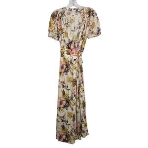Anthropologie XS Tiny Floral Wrap Maxi Dress Cream Pink Yellow Short Sleeve